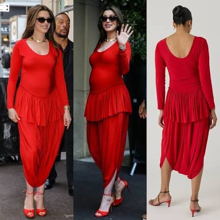 Anne Hathaway Red Jumpsuit Steals the Spotlight at Odyssey Press Tour 14 Anne Hathaway showing off her growing baby bump on the streets of New York.