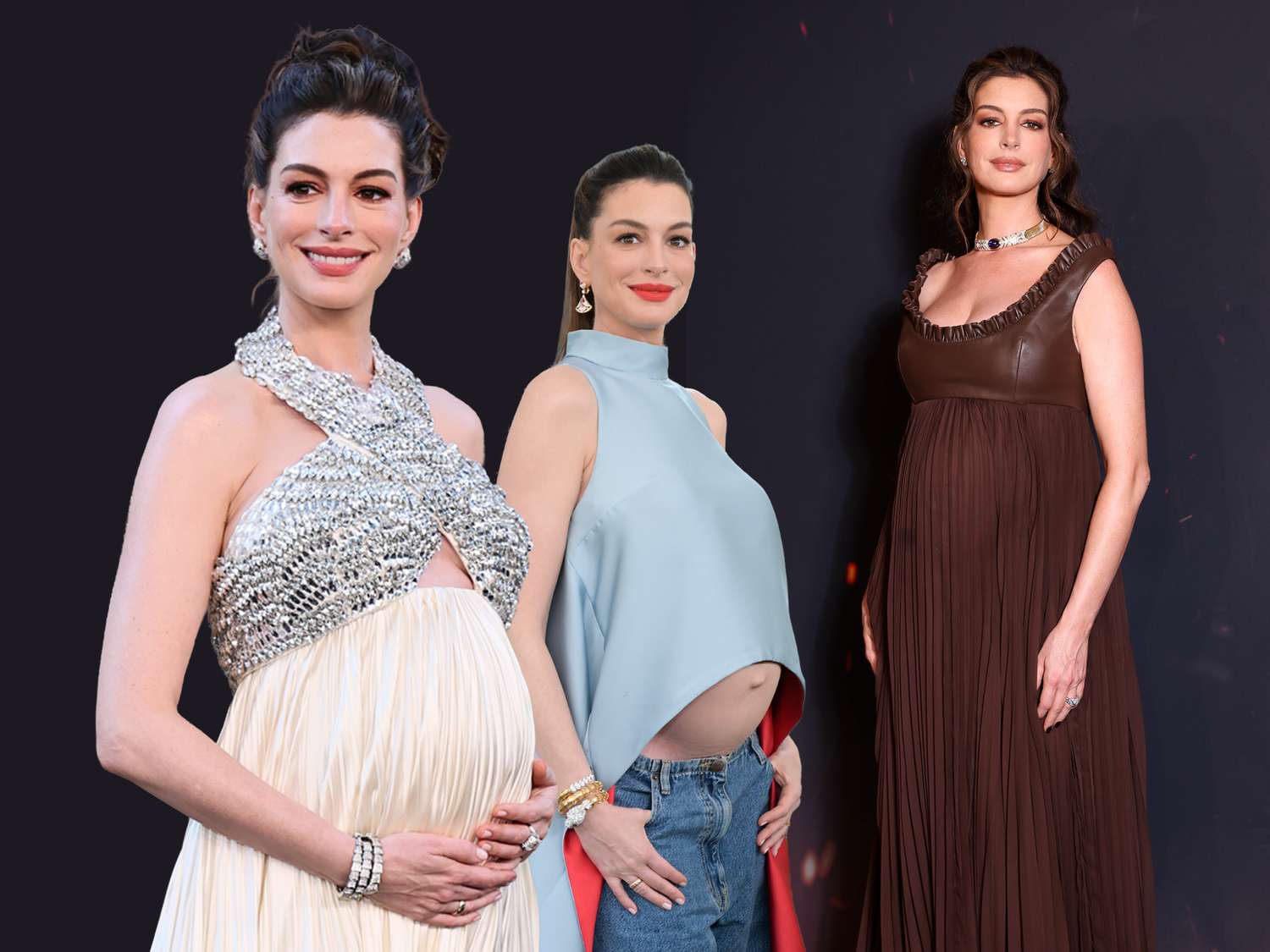 Anne Hathaway in conservative maternity press tour looks including empire waist gowns before her bold bump-baring pivot