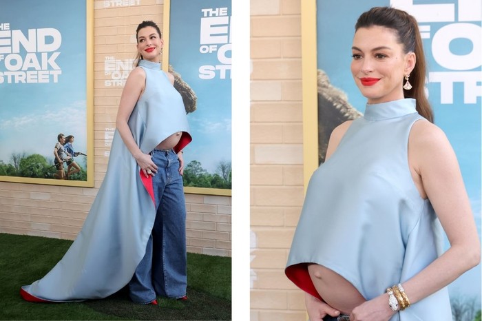 Anne Hathaway wearing custom Atelier Prabal Gurung blue silk halter top with baby bump at The End of Oak Street premiere August 2026