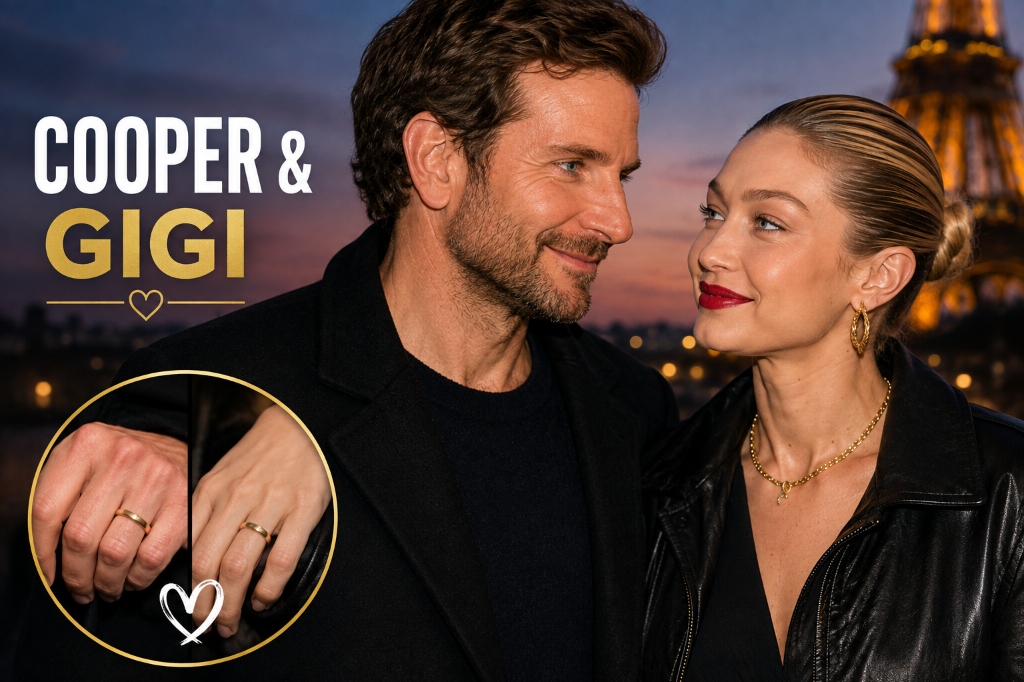 Bradley Cooper and Gigi Hadid walking in Paris wearing matching Boucheron rings